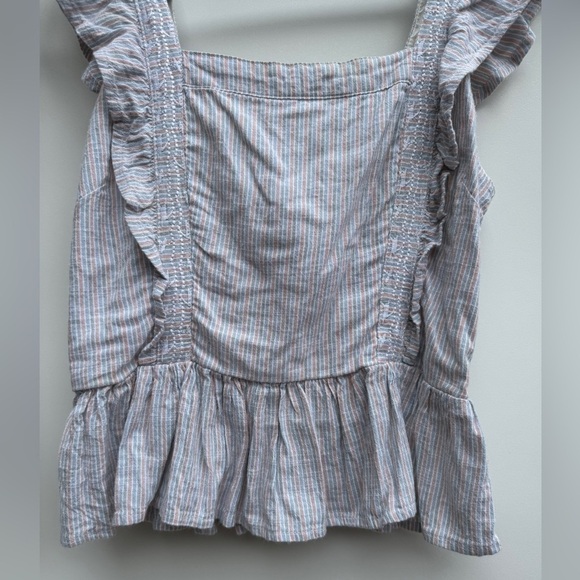 Japna Striped Smocked Flutter Straps Embroidered Peplum Boho Blouse Top Medium - Picture 7 of 13